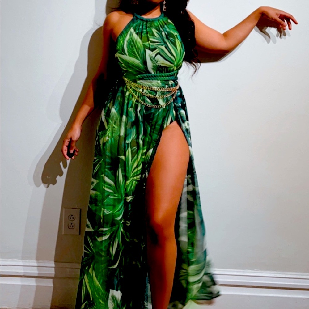 Tropical green high slit halter dress (Jade lover girl dress)